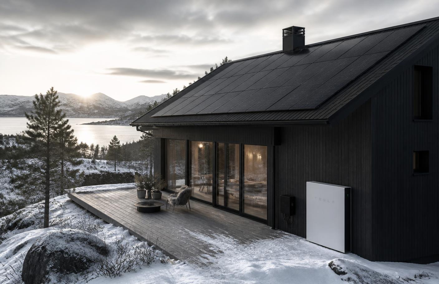 Solpaneler på ett mörkt trähus i snöigt nordiskt landskap med batterilagring på fasaden