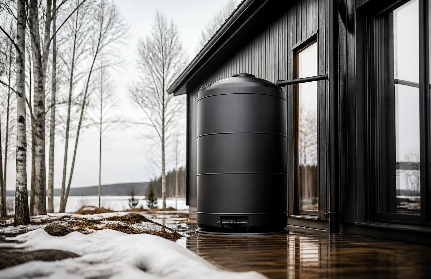 Matt svart regnvattentank intill ett modernt svenskt hus med smältande snö