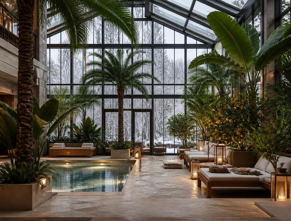 Tropisk vinterträdgård i glasatrium med palmer, bananträd och spa medan det snöar utanför