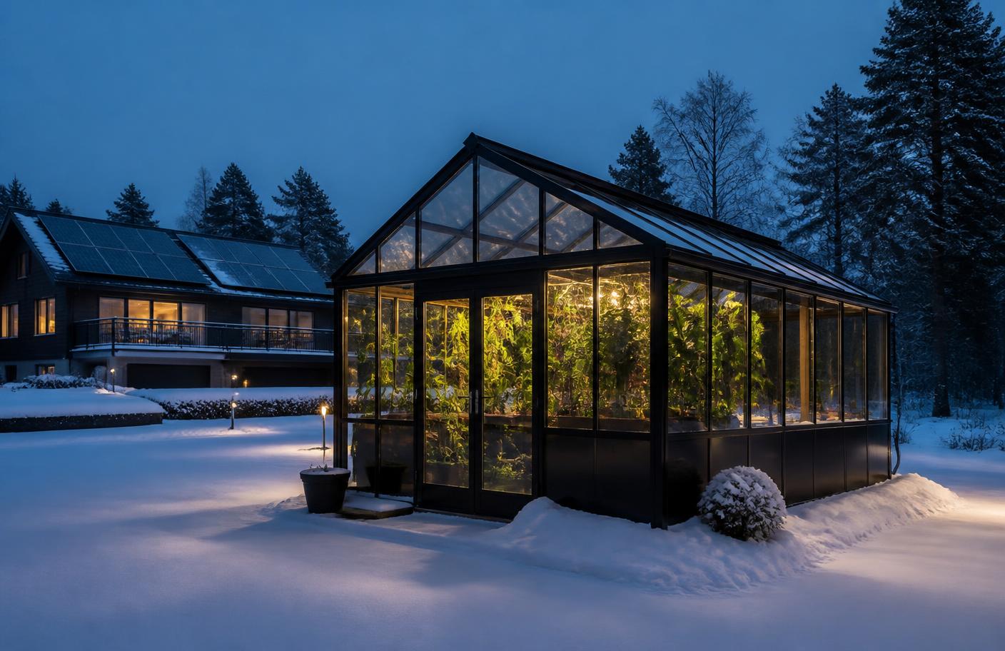 Svart glasväxthus omgivet av snö med frodiga gröna växter upplysta inuti under nordisk vinterkväll